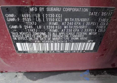 2017 Subaru Outback 2.5I Premium z USA, uszkodzony, nr VIN 4S4BSACC2H3416121